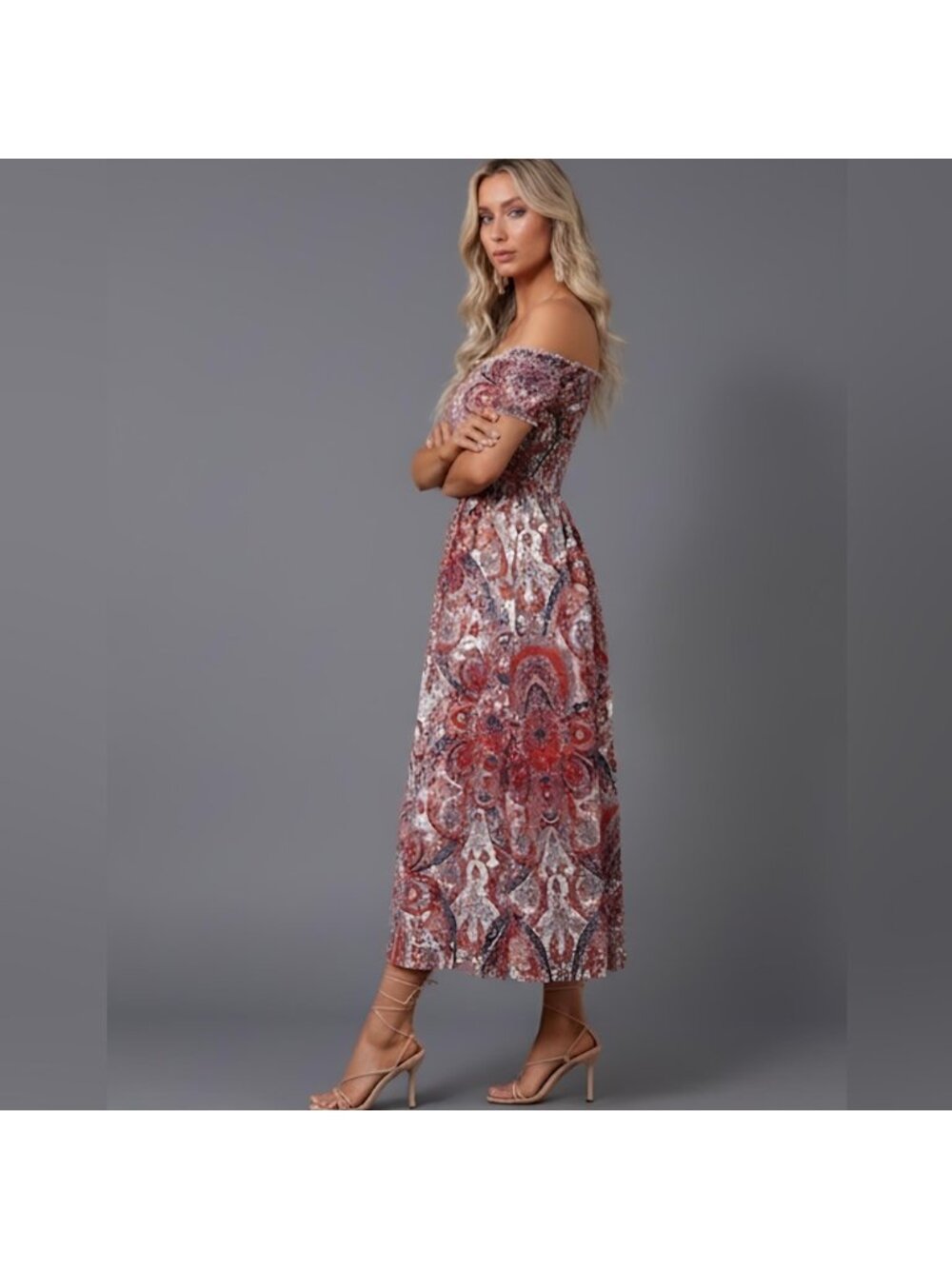 LAST ONE 🔥 Boho Paisley Off Shoulder Split Thigh Dress - Picture 3 of 6
